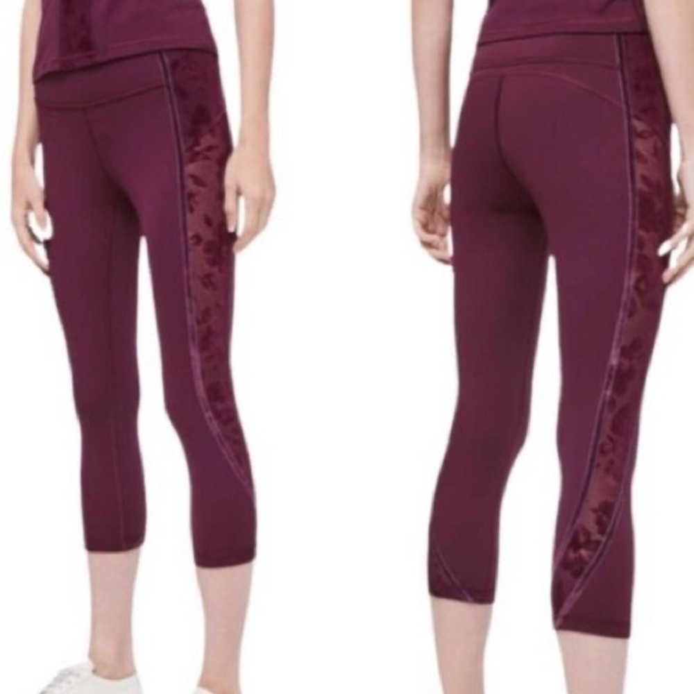 Lulu Lemon Wunder Under Burgundy Crop Lace trim velvet legging